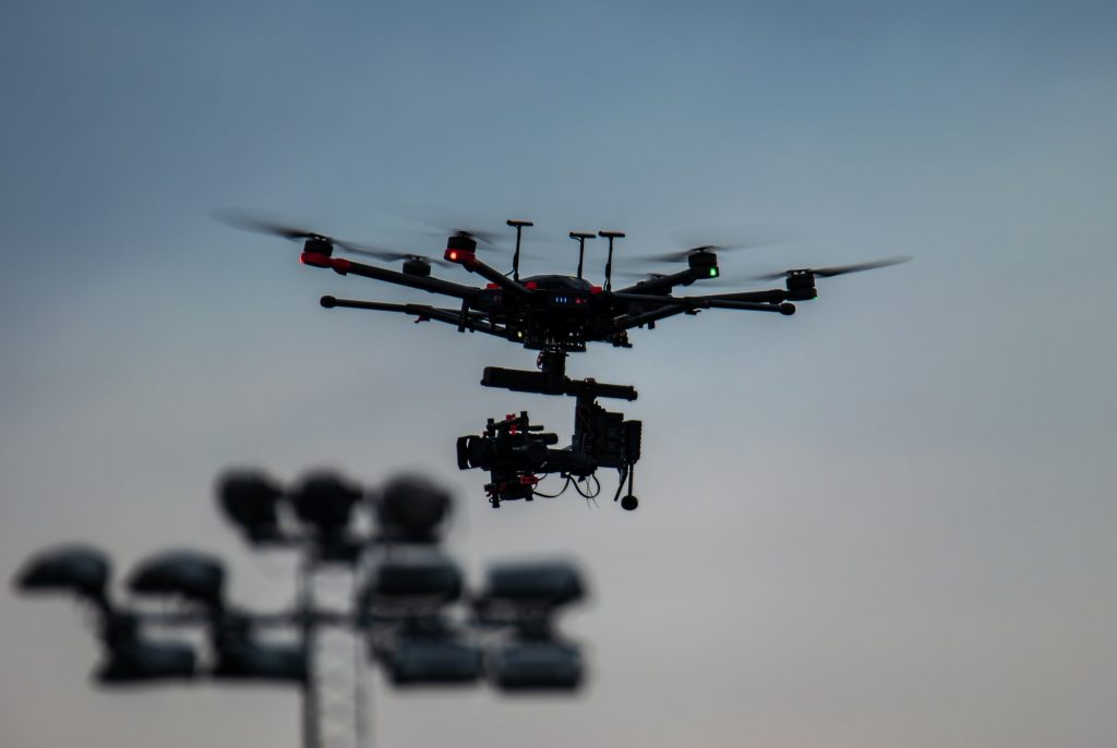 A drone flying in the evening